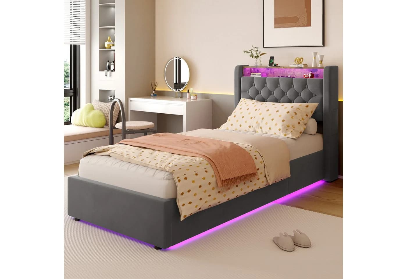 HAUSS SPOLE Polsterbett 90x200 mit LED, Bettkasten und Steckdose Dunkelgrau