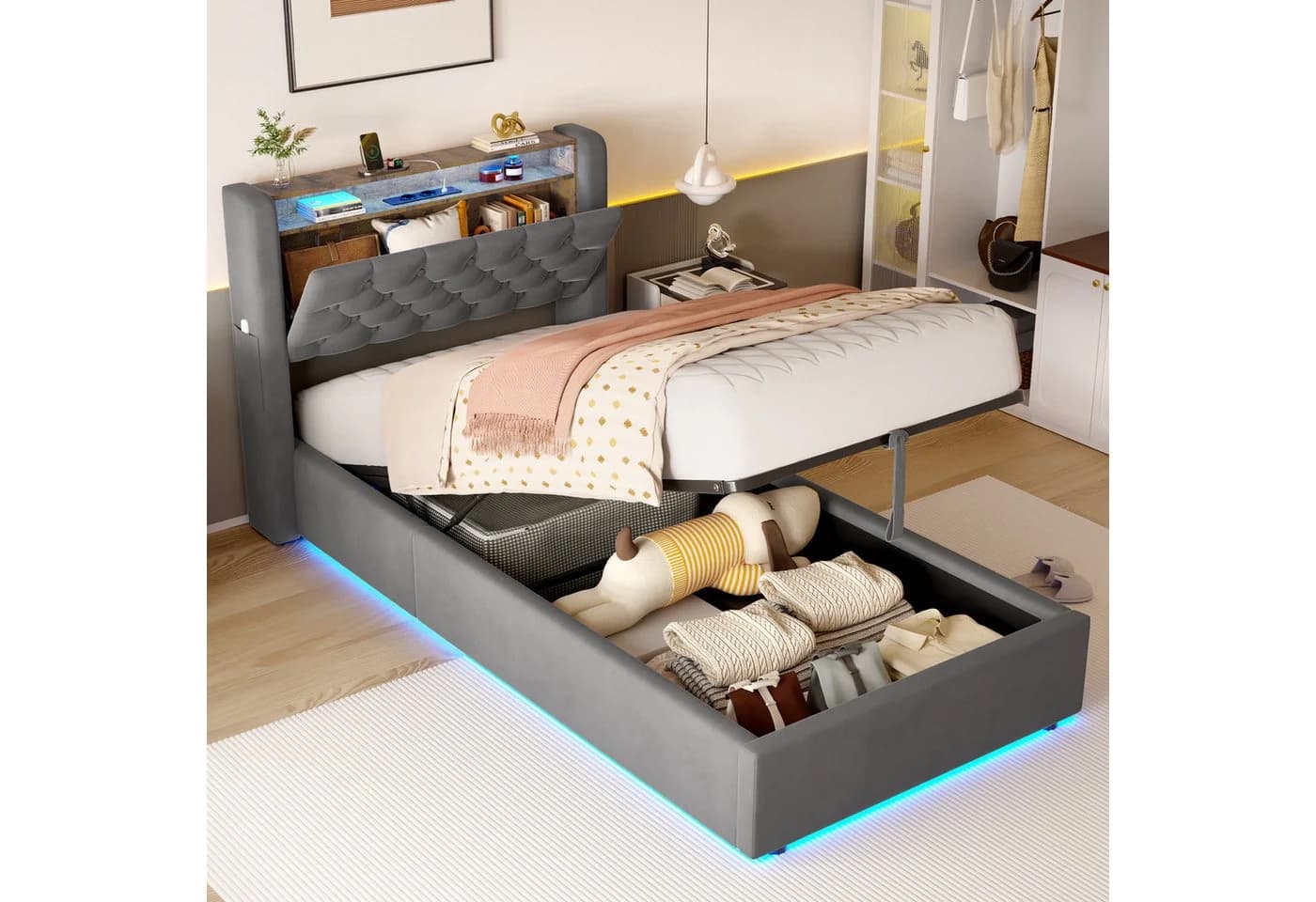 HAUSS SPOLE Polsterbett 90x200 mit LED, Bettkasten und Steckdose Dunkelgrau - Bild 2
