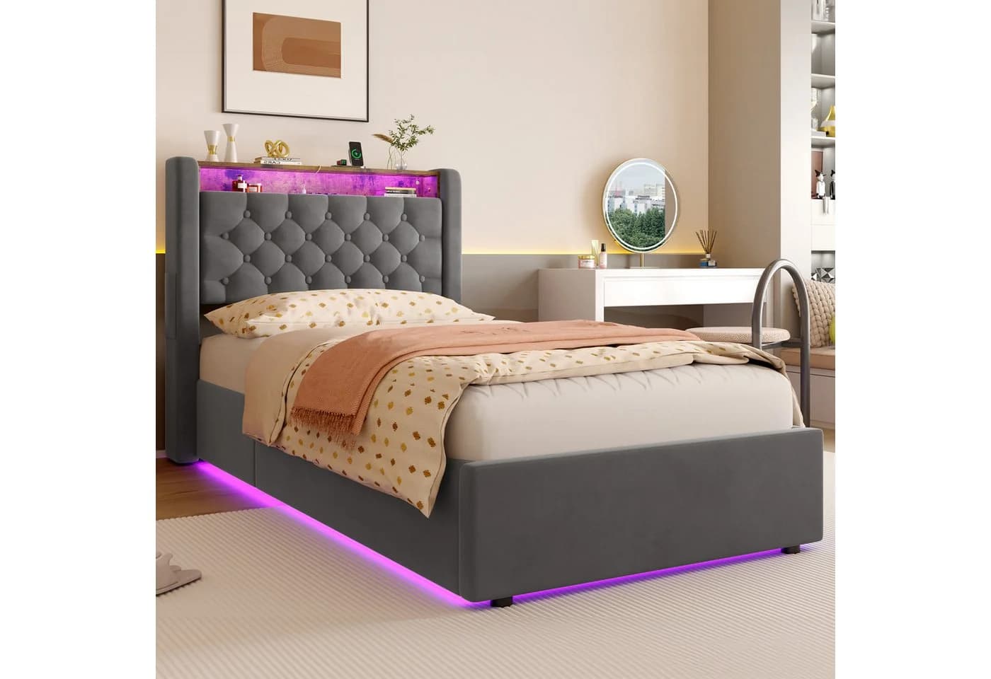 HAUSS SPOLE Polsterbett 90x200 mit LED, Bettkasten und Steckdose Dunkelgrau - Bild 4