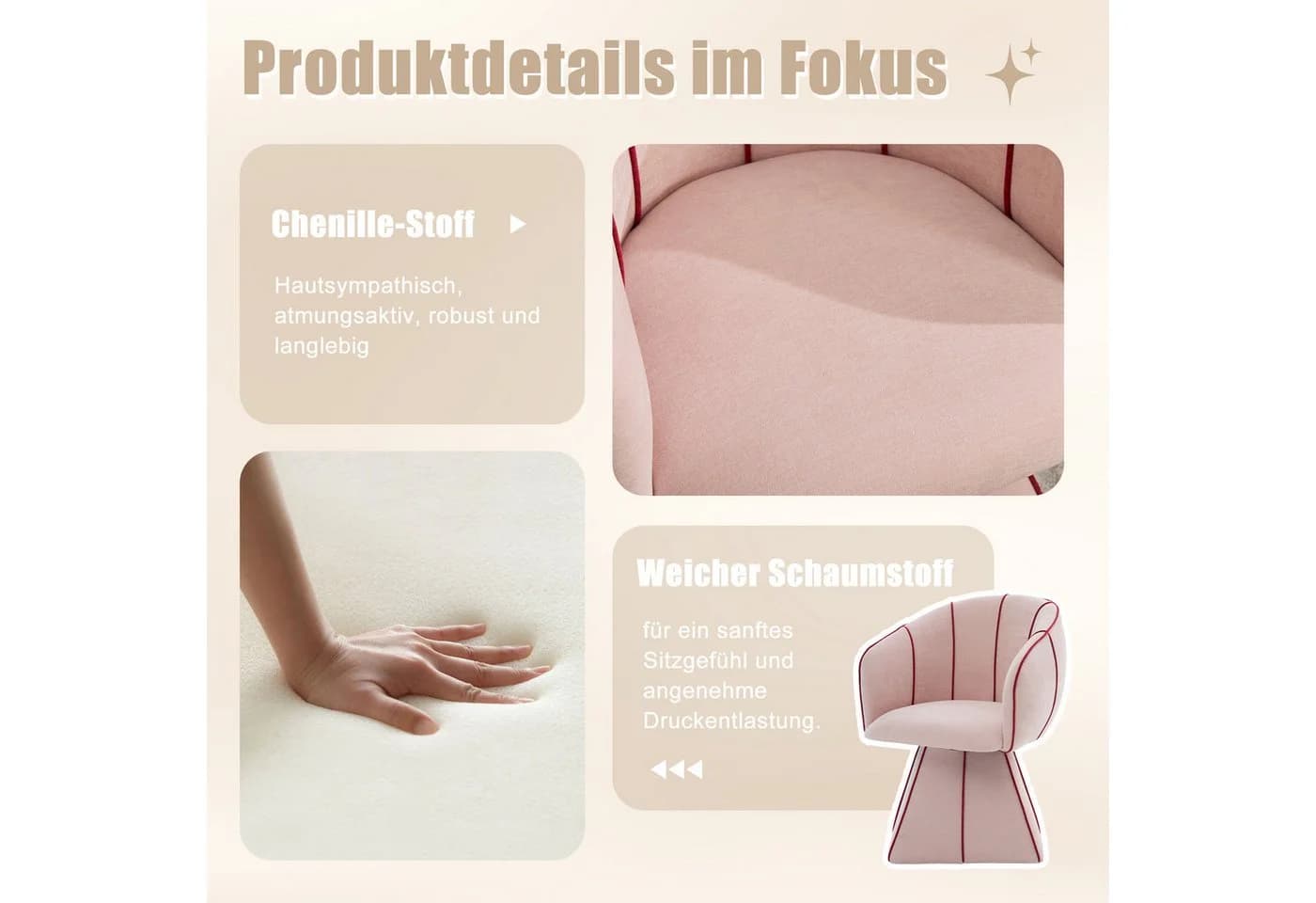 HAUSS SPOLE Drehstuhl Rosa Chenille mit 360° Drehfunktion - Bild 4