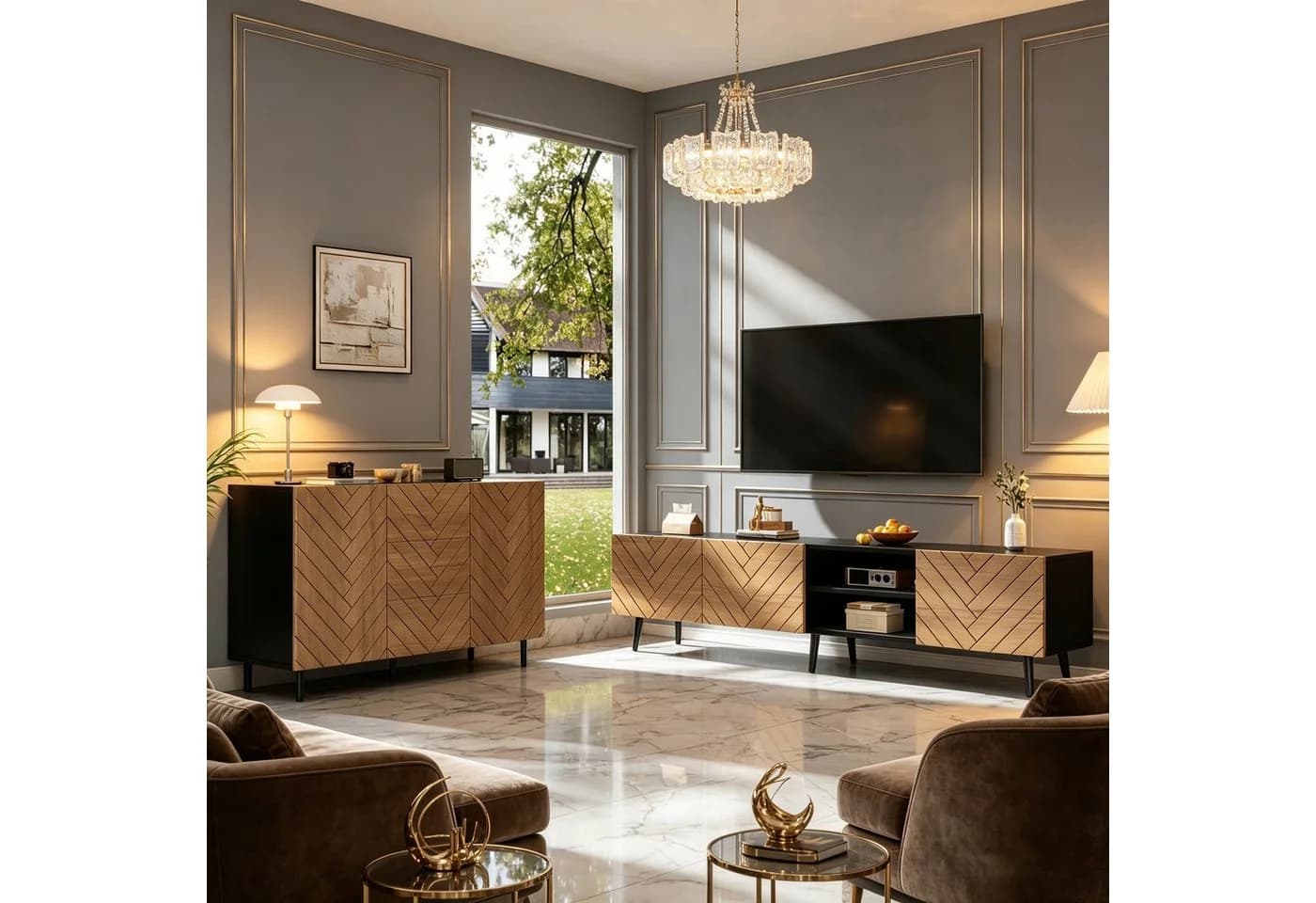 HAUSS SPOLE Sideboard & TV-Bank Set Holzoptik Schwarz