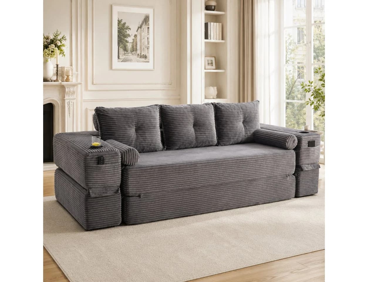 HAUSS SPOLE Schlafsofa 3-Sitzer Cord Dunkelgrau mit Getränkehalter