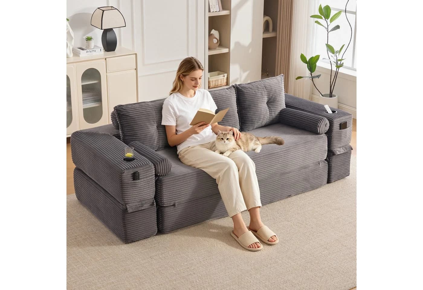 HAUSS SPOLE Schlafsofa 3-Sitzer Cord Dunkelgrau mit Getränkehalter - Bild 3