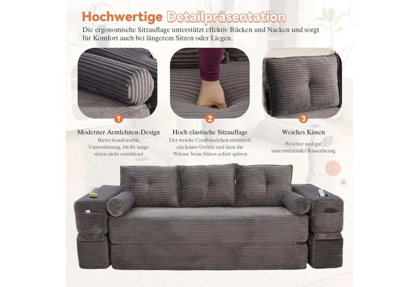 HAUSS SPOLE Schlafsofa 3-Sitzer Cord Dunkelgrau mit Getränkehalter - Bild 4