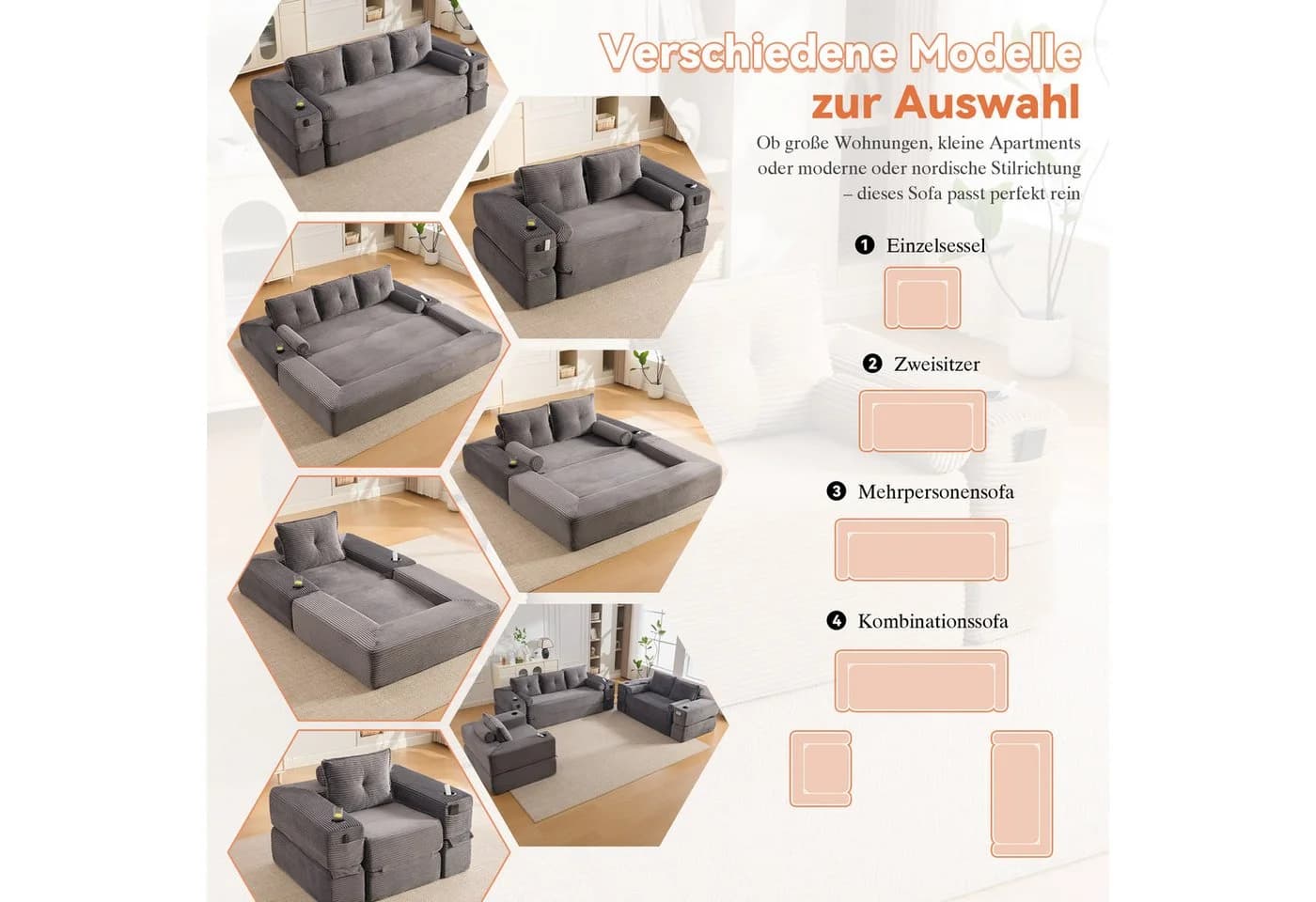 HAUSS SPOLE Schlafsofa 3-Sitzer Cord Dunkelgrau mit Getränkehalter - Bild 5