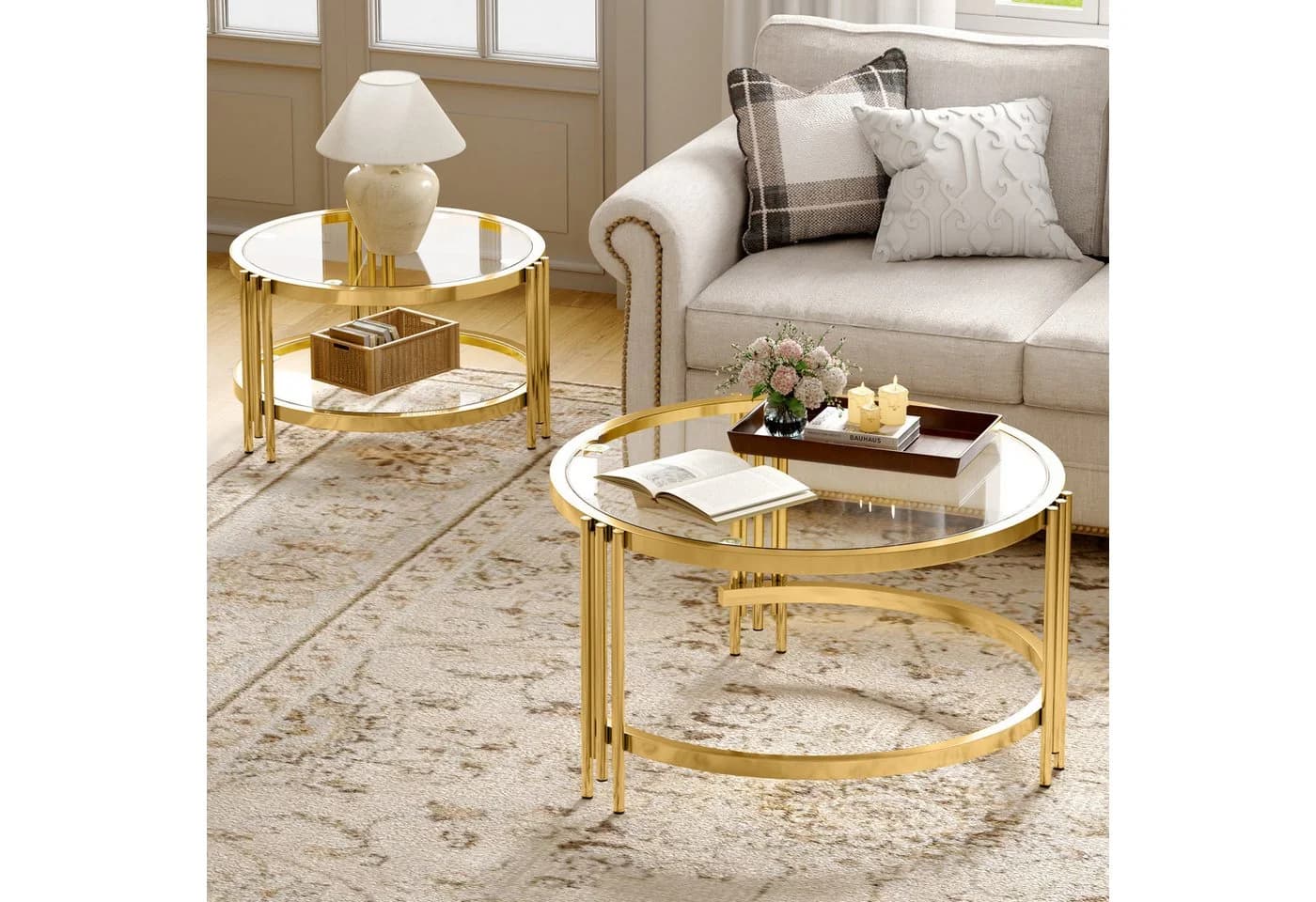HAUSS SPOLE Couchtisch 2er Set Gold Glasplatte Metallgestell Rund