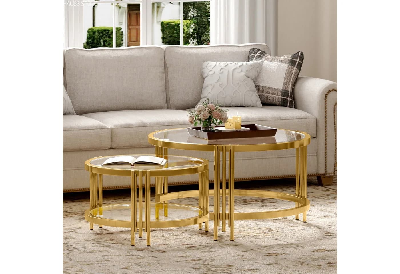 HAUSS SPOLE Couchtisch 2er Set Gold Glasplatte Metallgestell Rund - Bild 2