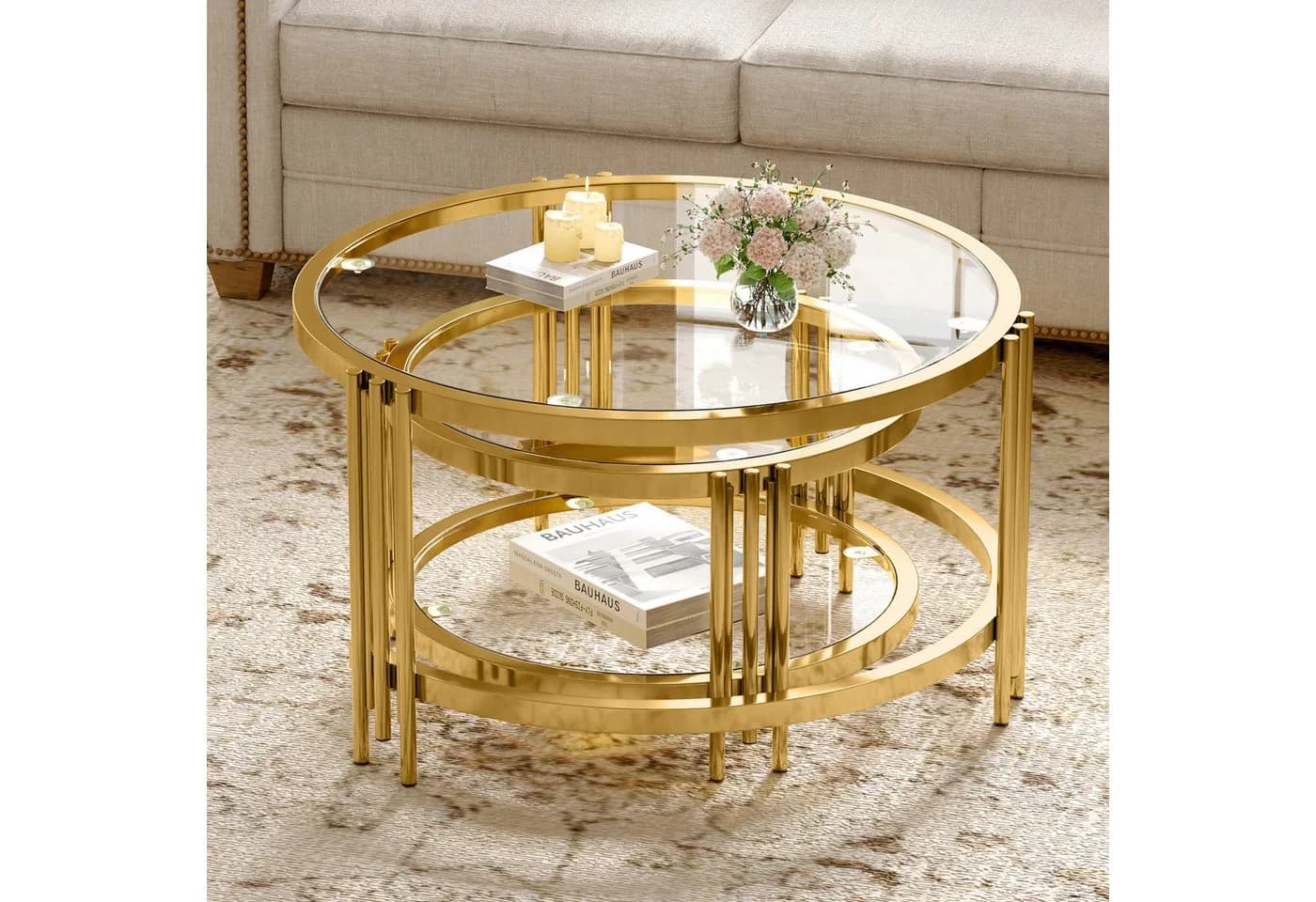 HAUSS SPOLE Couchtisch 2er Set Gold Glasplatte Metallgestell Rund - Bild 3