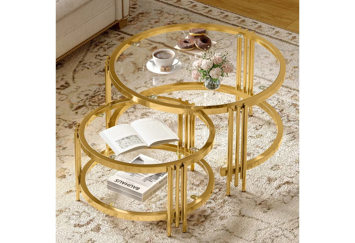 HAUSS SPOLE Couchtisch 2er Set Gold Glasplatte Metallgestell Rund - Bild 4