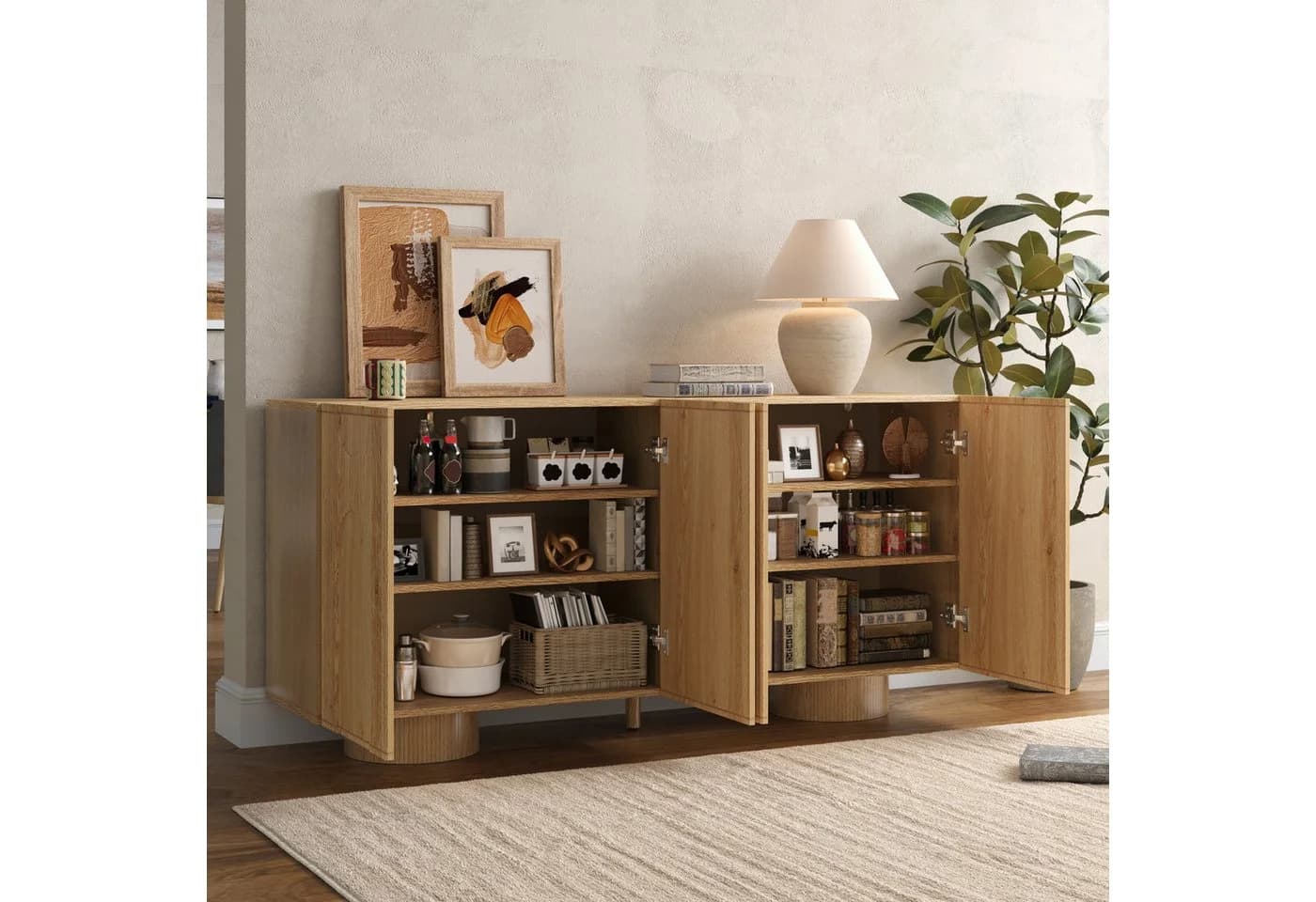 HAUSS SPOLE Sideboard 4-türig Natur Bambus Kiefernholz höhenverstellbare Böden