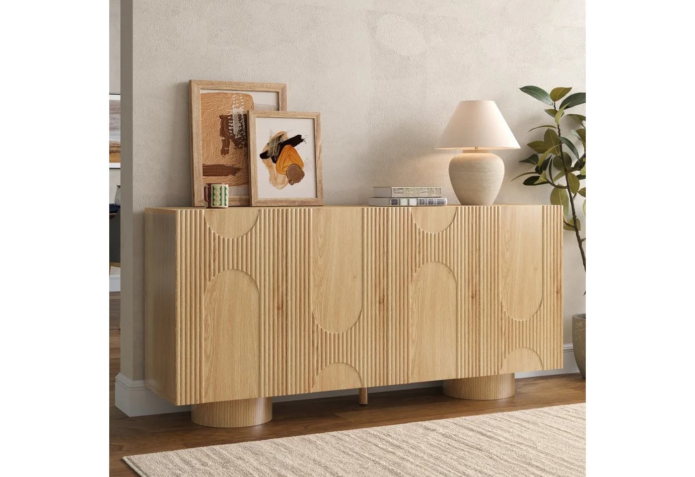HAUSS SPOLE Sideboard 4-türig Natur Bambus Kiefernholz höhenverstellbare Böden - Bild 2
