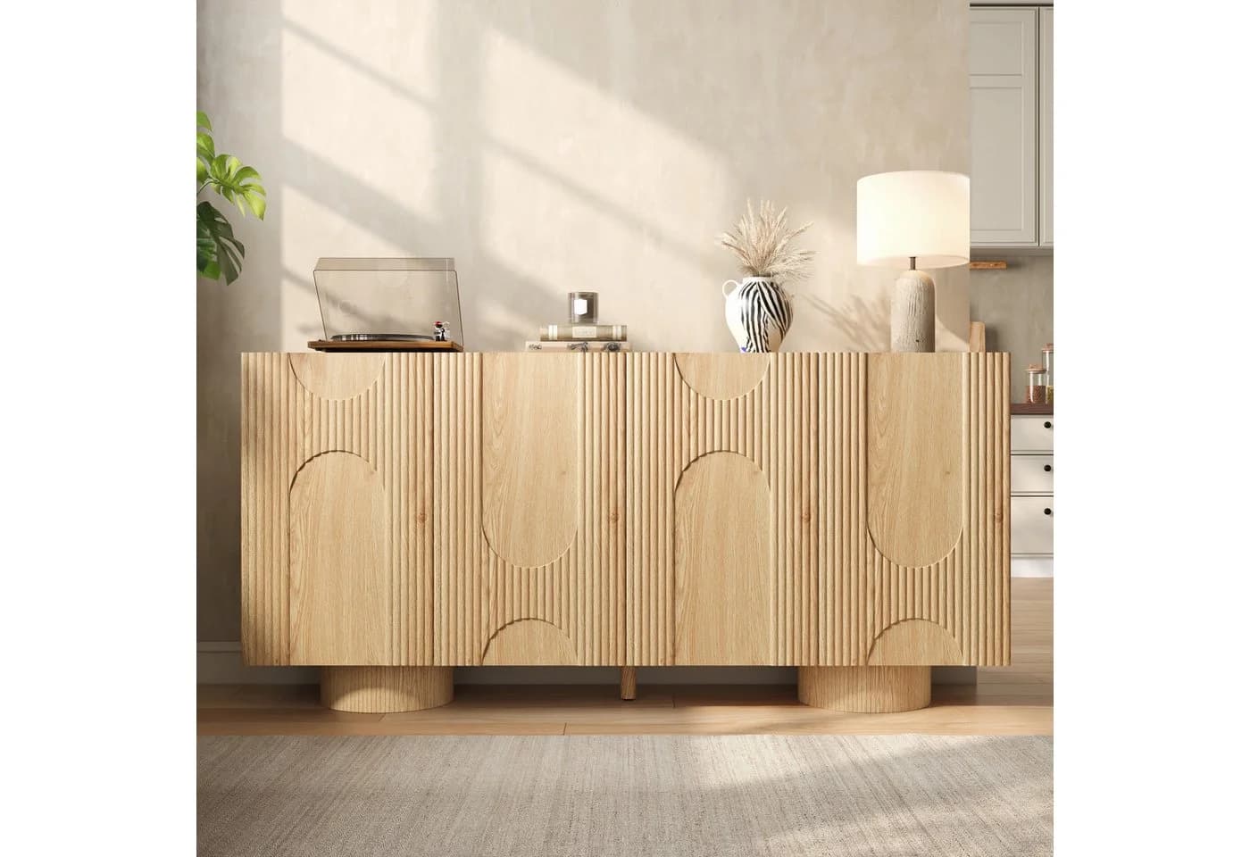 HAUSS SPOLE Sideboard 4-türig Natur Bambus Kiefernholz höhenverstellbare Böden - Bild 3