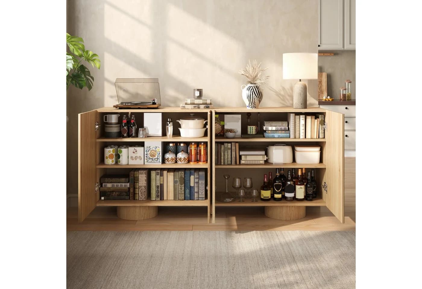 HAUSS SPOLE Sideboard 4-türig Natur Bambus Kiefernholz höhenverstellbare Böden - Bild 5