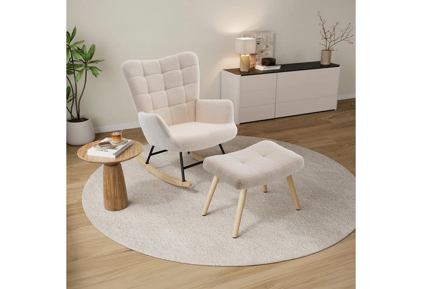 HAUSS SPOLE Schaukelstuhl mit Fußhocker Beige Sherpa