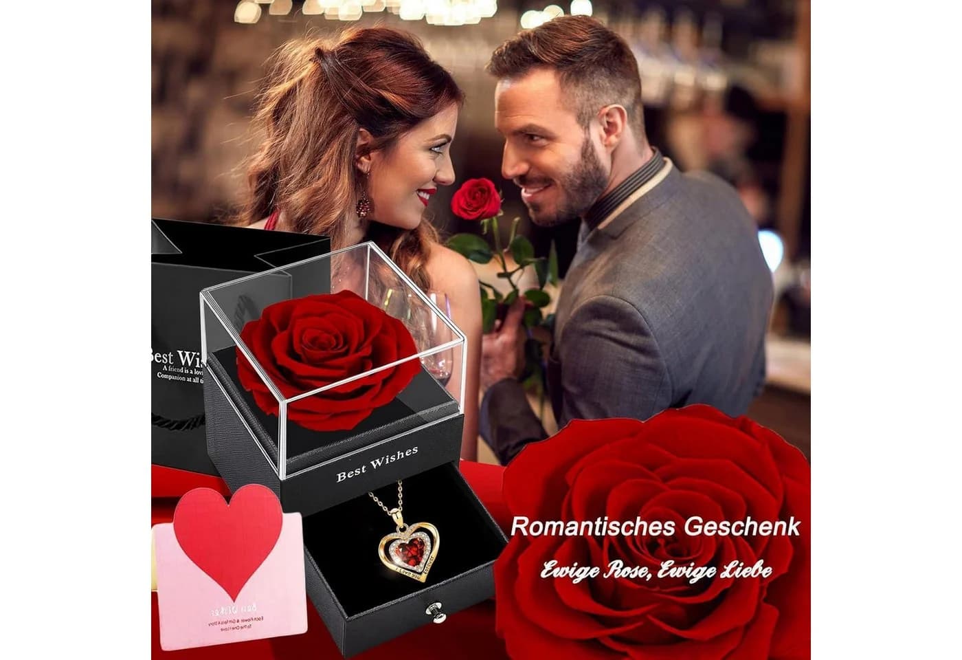LuxusKollektion Rosenbox Ewige Rose Golden mit Halskette