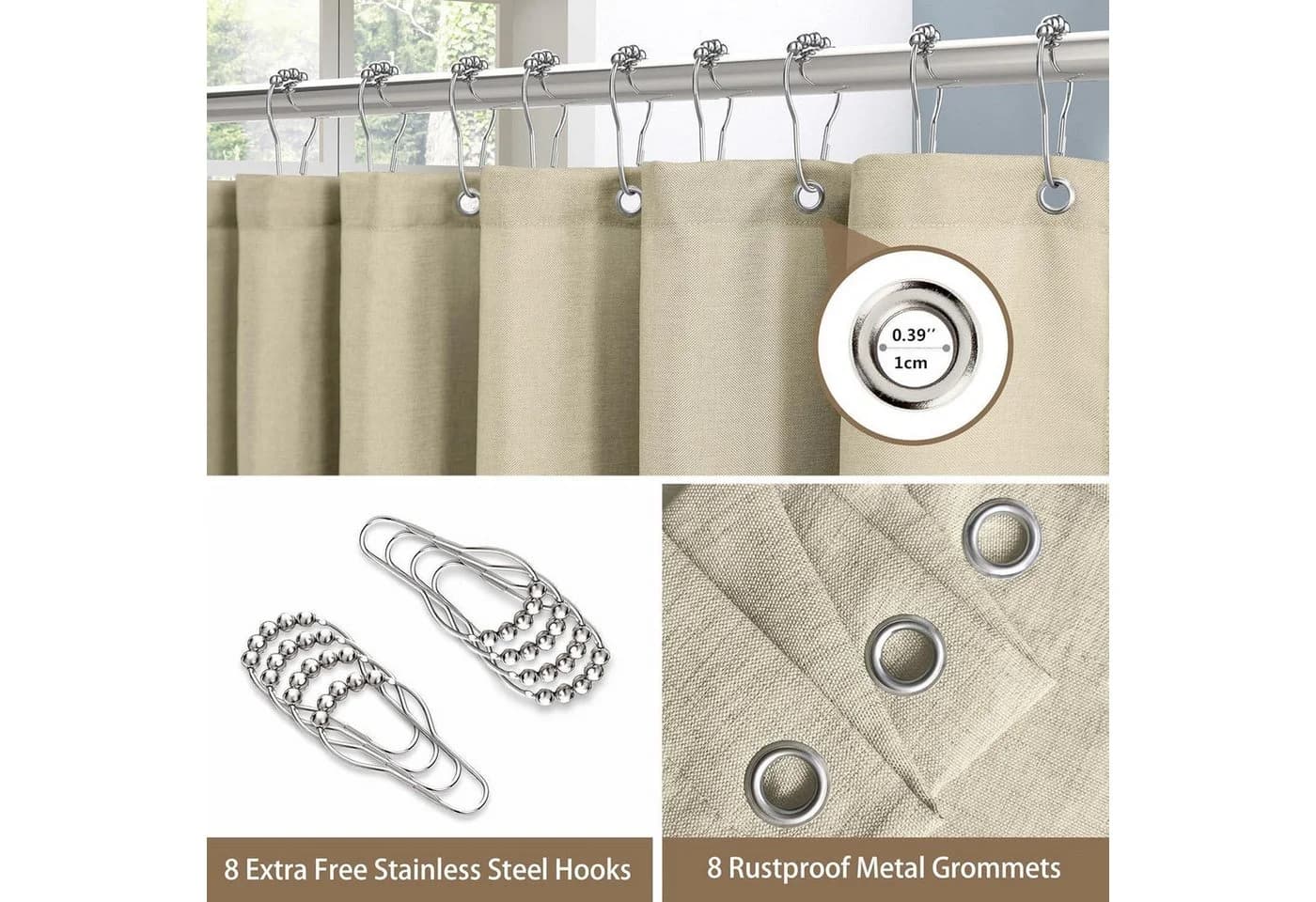 LuxusKollektion Duschvorhang Taupe Leinen-Look mit Metallringen - Bild 3