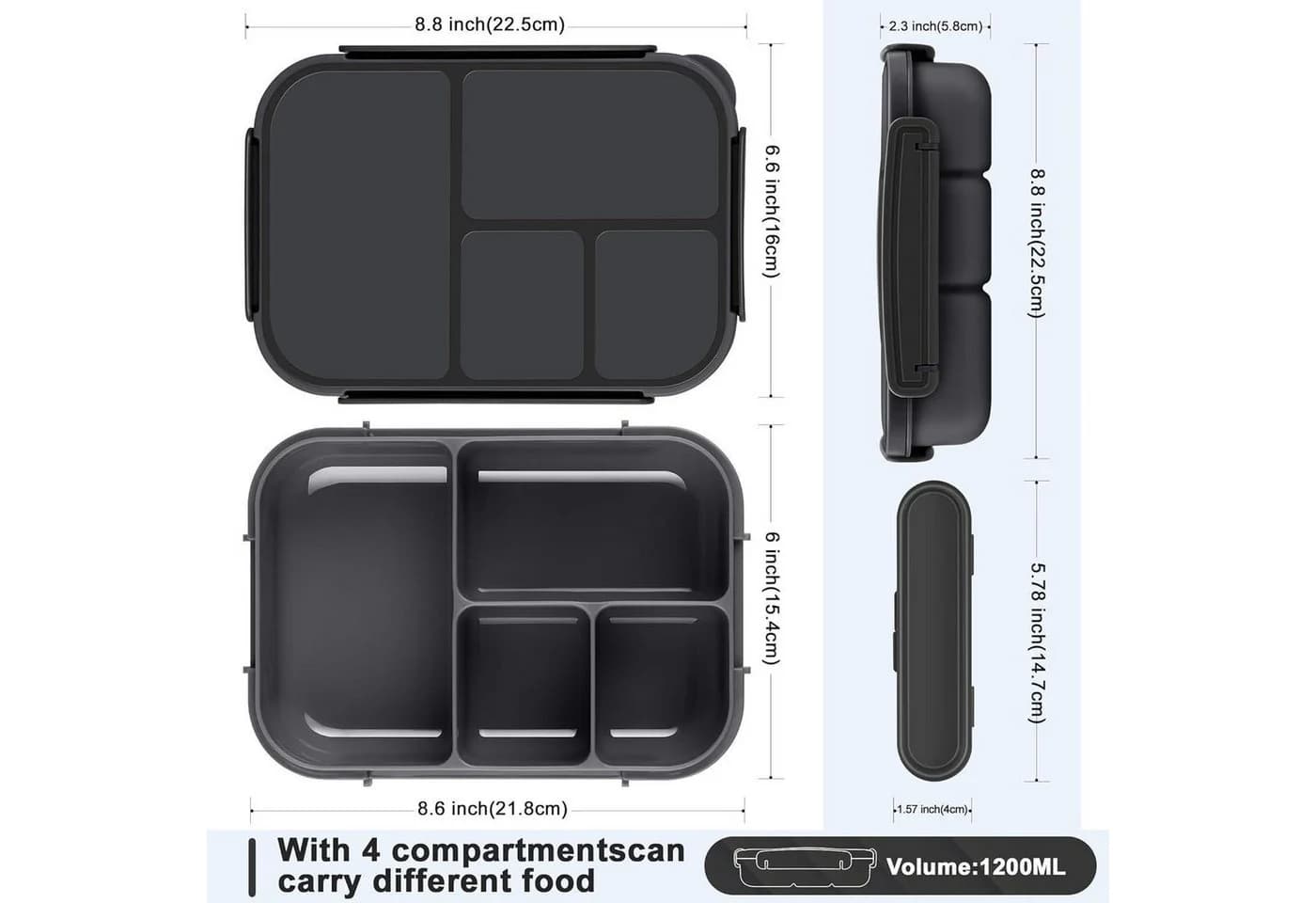 Lunchbox Kinder 1200ml 4 Fächer Dunkelgrau mit Besteck BPA-frei