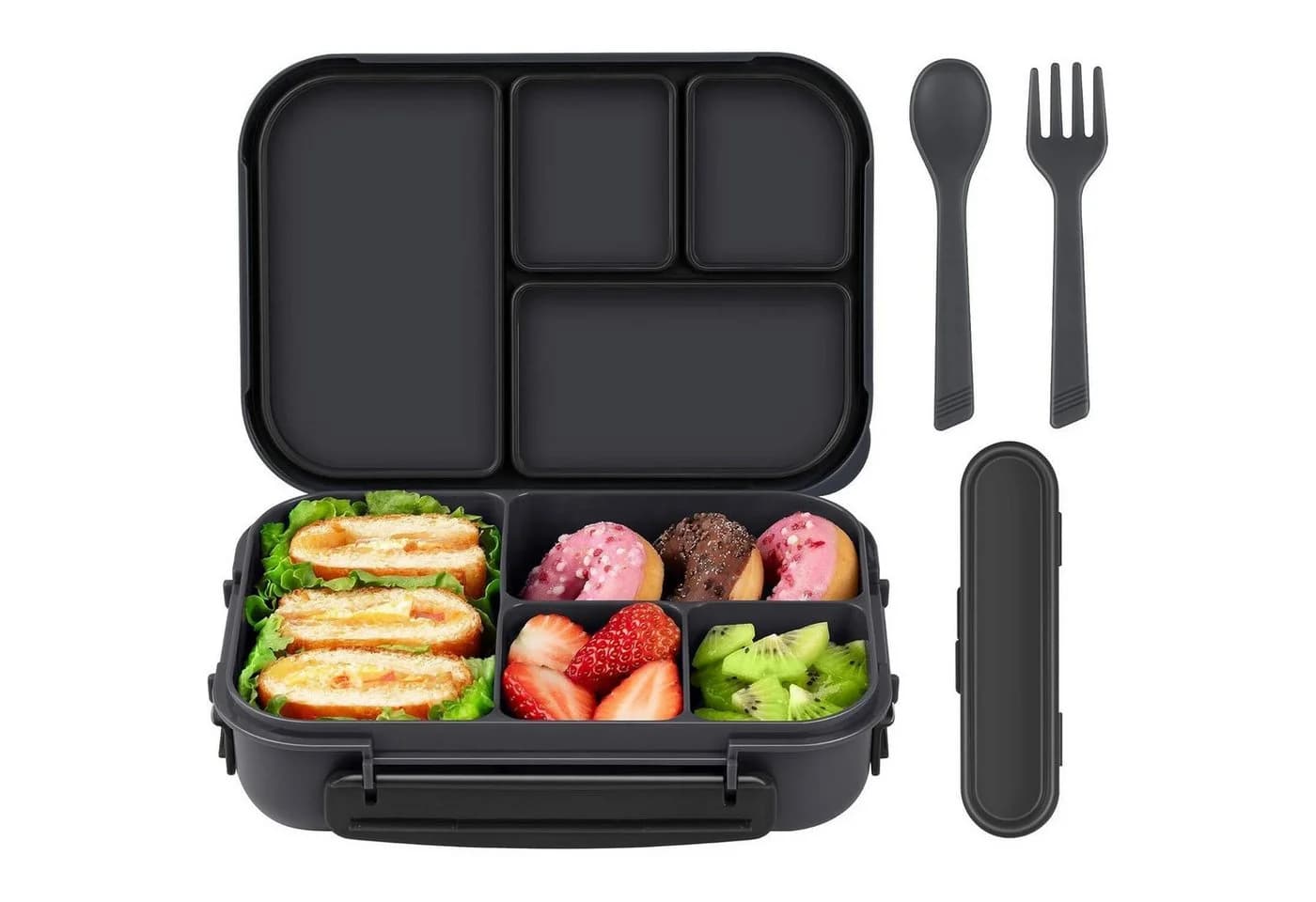 Lunchbox Kinder 1200ml 4 Fächer Dunkelgrau mit Besteck BPA-frei - Bild 2