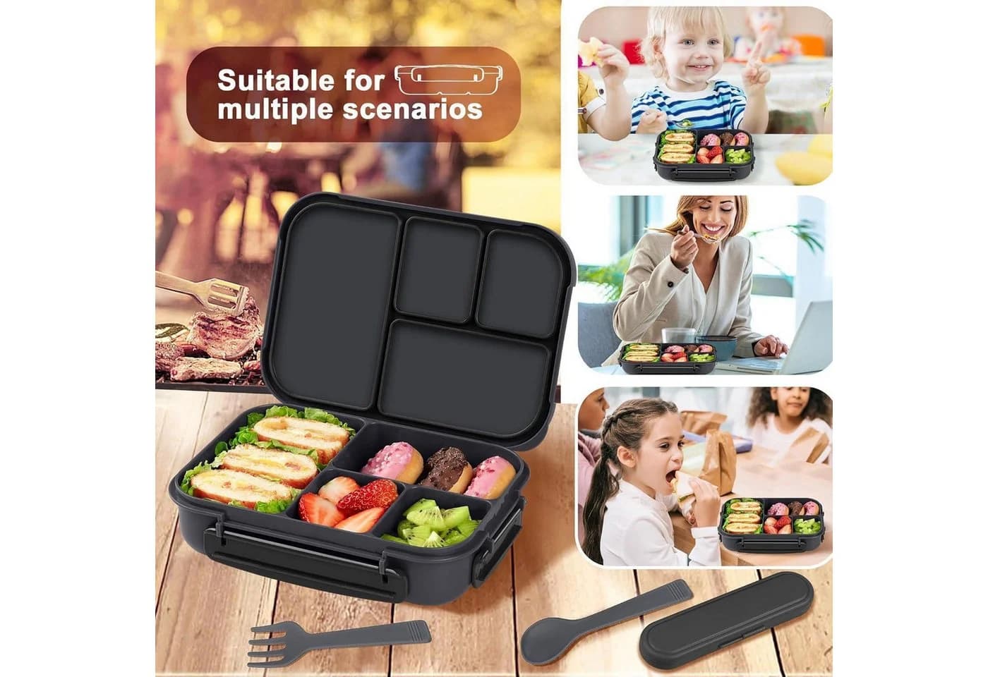 Lunchbox Kinder 1200ml 4 Fächer Dunkelgrau mit Besteck BPA-frei - Bild 5
