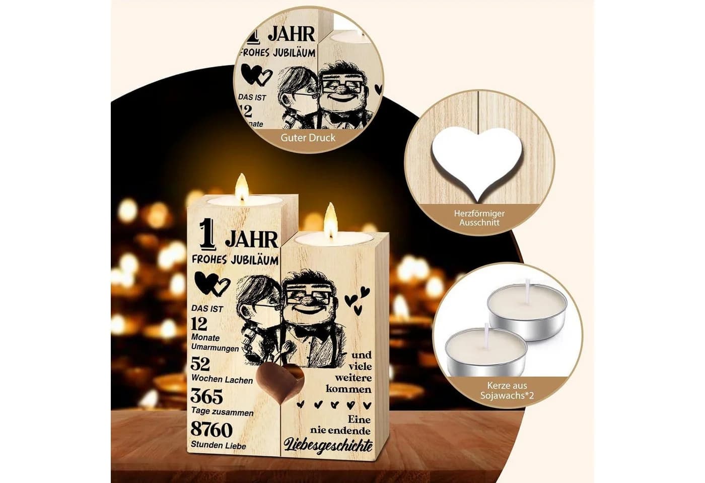 LuxusKollektion Kerzenständer Holz Personalisiert 1. Hochzeitstag