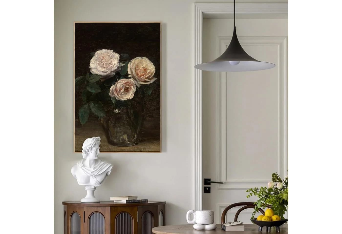LuxusKollektion Leinwandbild Vintage Rosen in Glasvase Holzrahmen