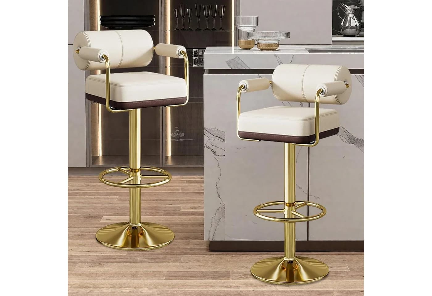LuxusKollektion Barhocker Set Höhenverstellbar Drehbar Lehne Armlehne Weiß