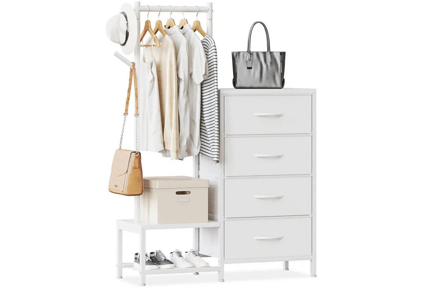 Kommode 3in1 4 Schubladen Schuhregal Kleiderständer Weiß - Bild 2