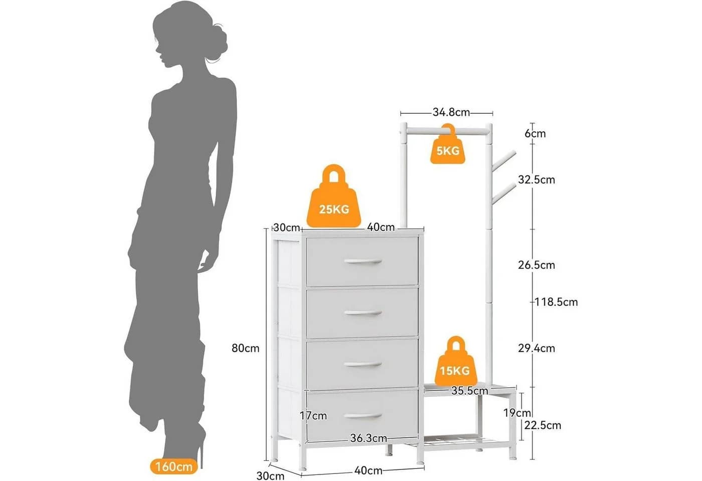 Kommode 3in1 4 Schubladen Schuhregal Kleiderständer Weiß - Bild 3