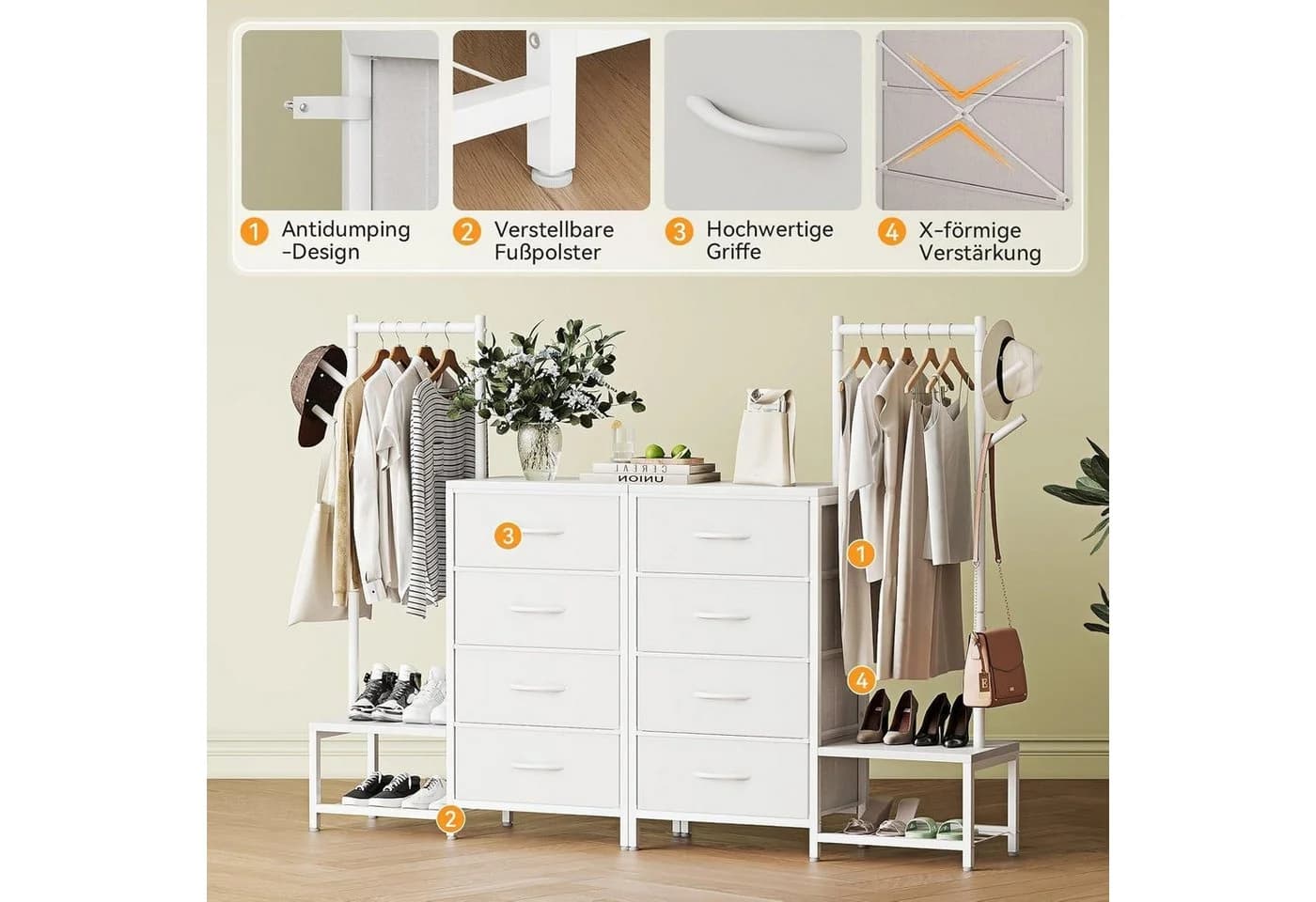 Kommode 3in1 4 Schubladen Schuhregal Kleiderständer Weiß - Bild 4