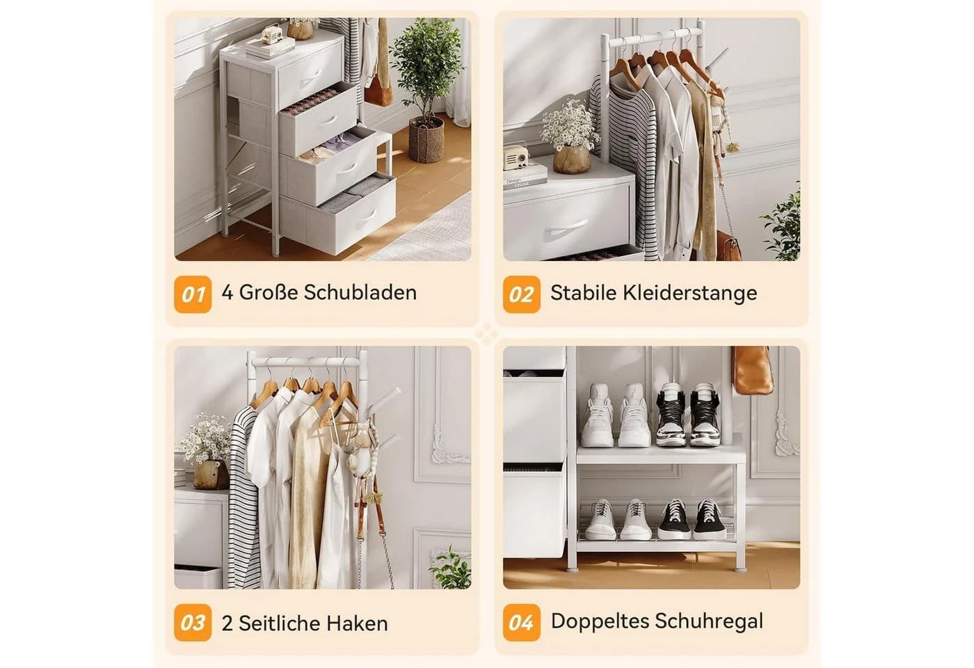 Kommode 3in1 4 Schubladen Schuhregal Kleiderständer Weiß - Bild 5