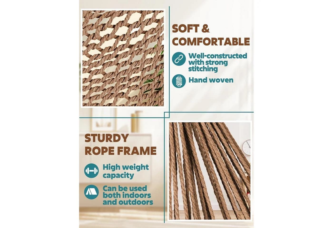 LuxusKollektion Hängesessel Braun Baumwollseil Metallspreizstange - Bild 3