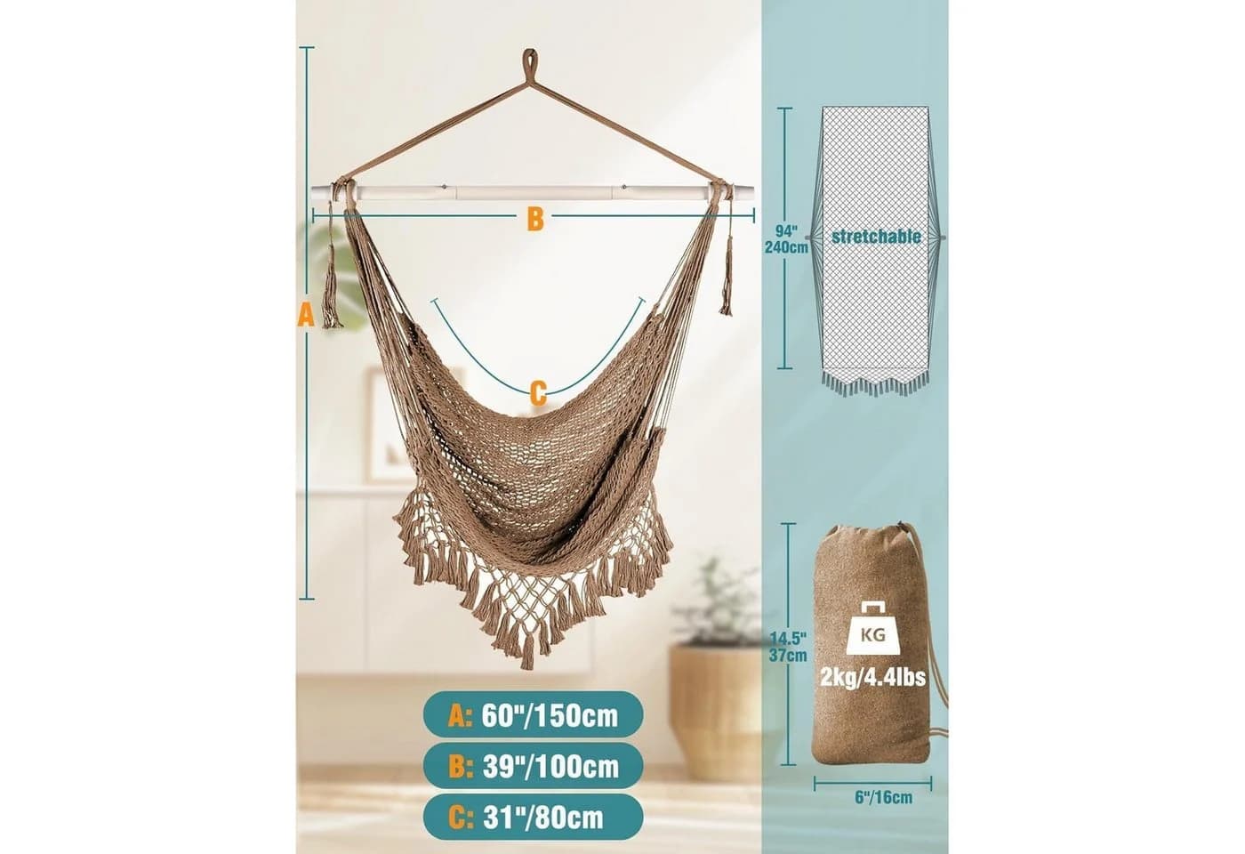 LuxusKollektion Hängesessel Braun Baumwollseil Metallspreizstange - Bild 4
