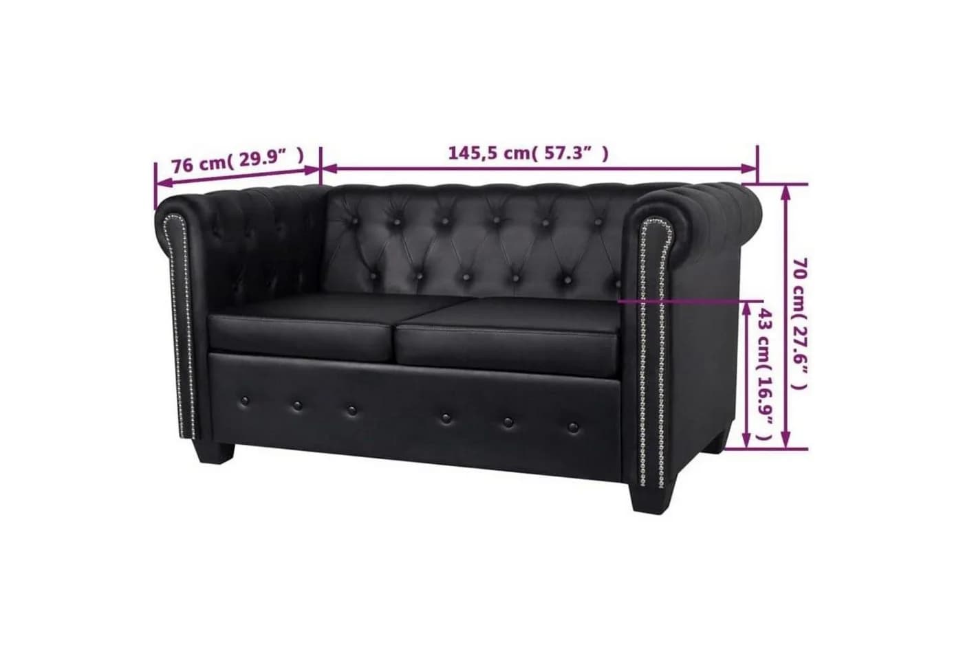 LuxusKollektion Chesterfield-Sofa 2-Sitzer Schwarz Kunstleder
