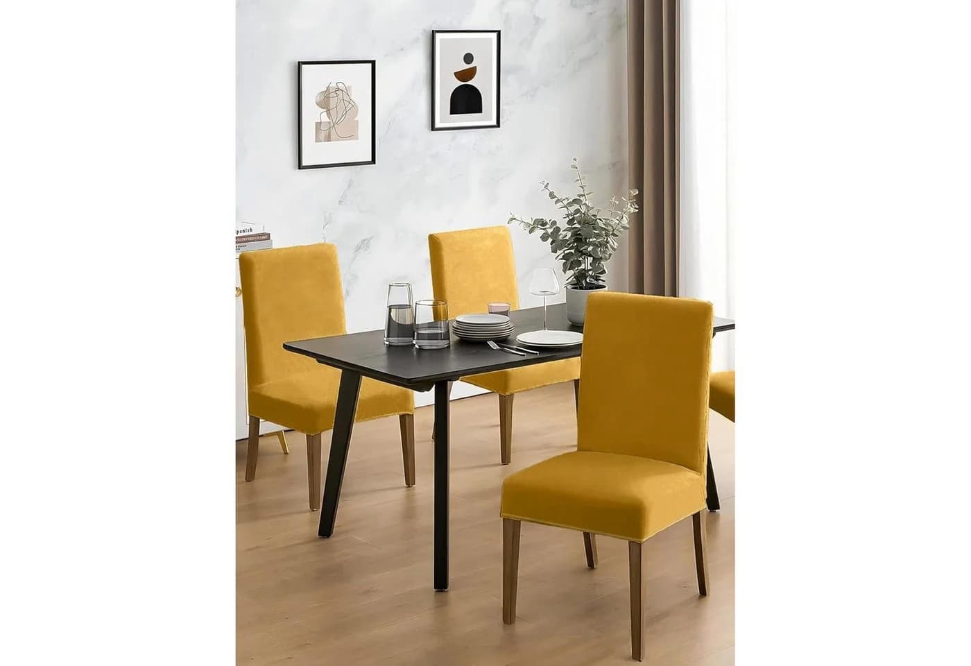 LuxusKollektion Stuhlhusse 2er Set Samt Stretch Senf