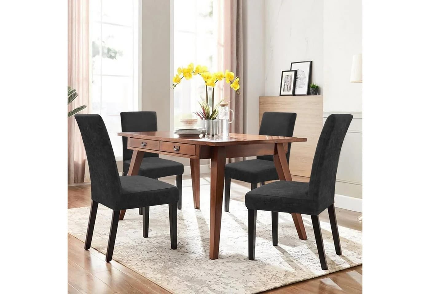 LuxusKollektion Stuhlhussen Schwarz 4er Set Sämischleder Stretch