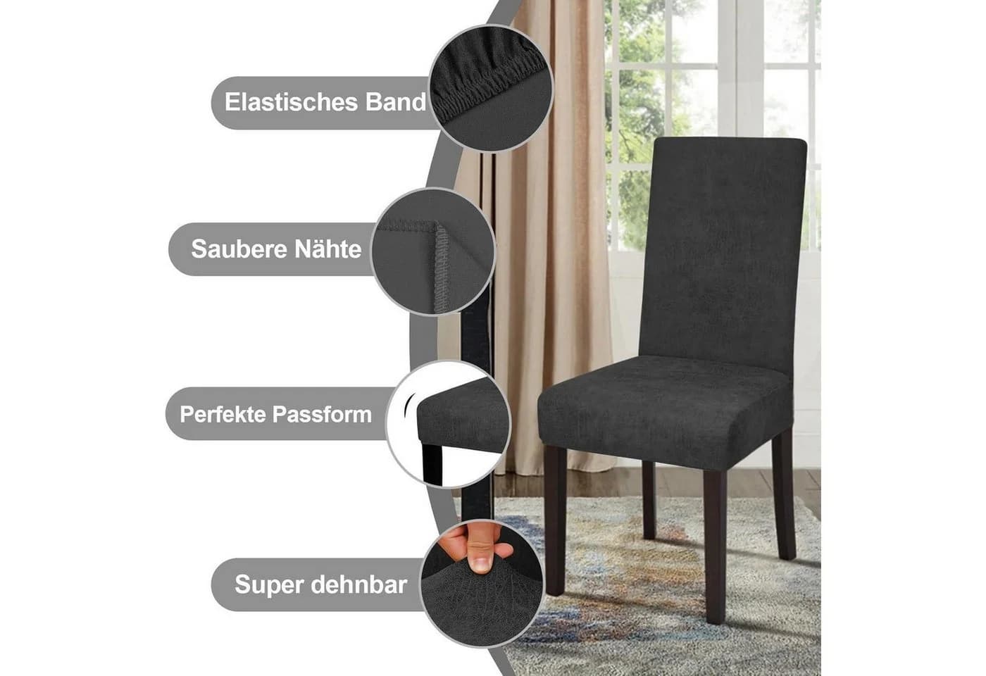 LuxusKollektion Stuhlhussen Schwarz 4er Set Sämischleder Stretch - Bild 3