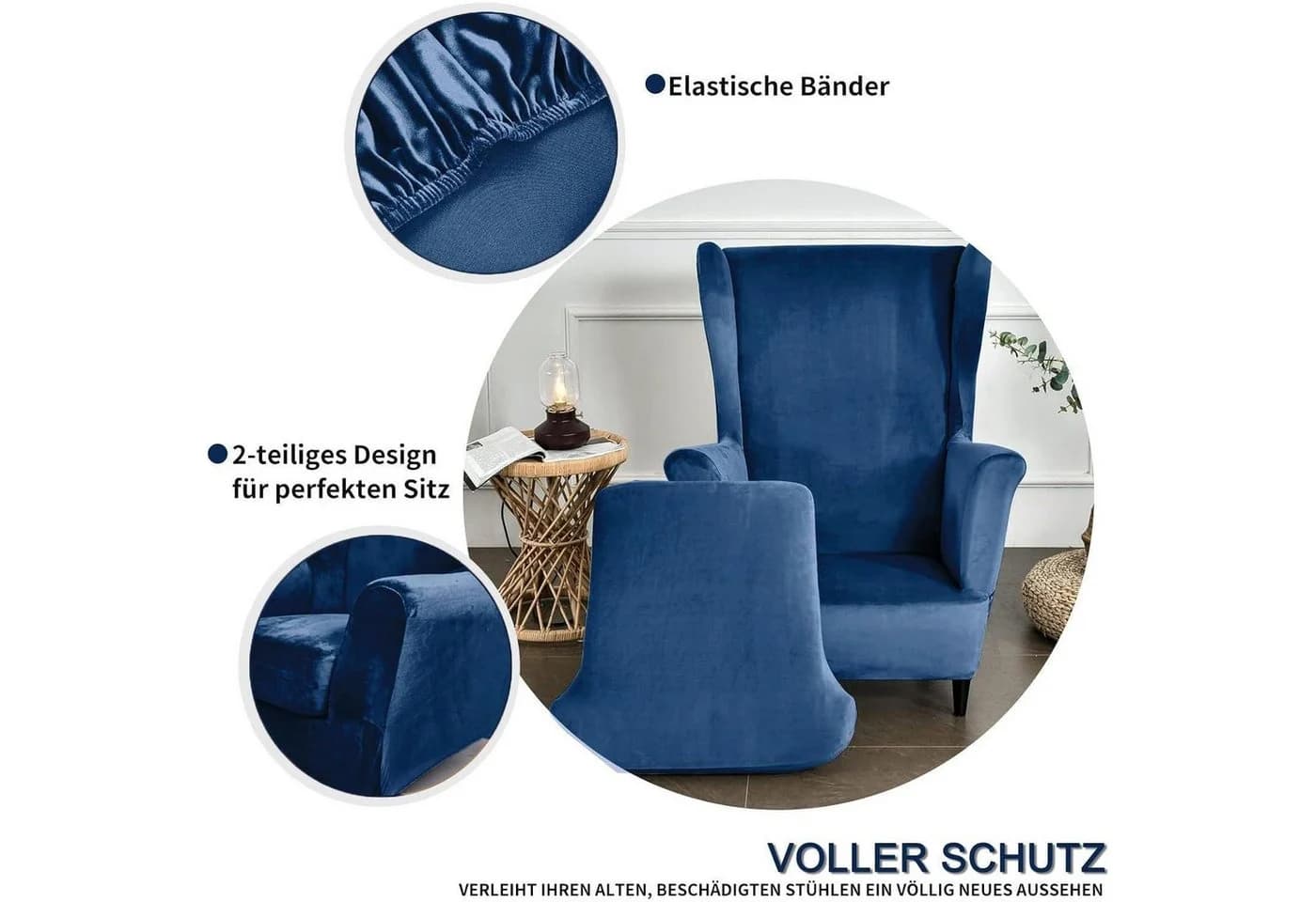 LuxusKollektion Hussen-Set Ohrensessel Marineblau 3-teilig Samt - Bild 3