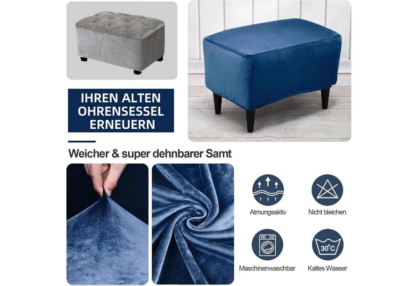 LuxusKollektion Hussen-Set Ohrensessel Marineblau 3-teilig Samt - Bild 4