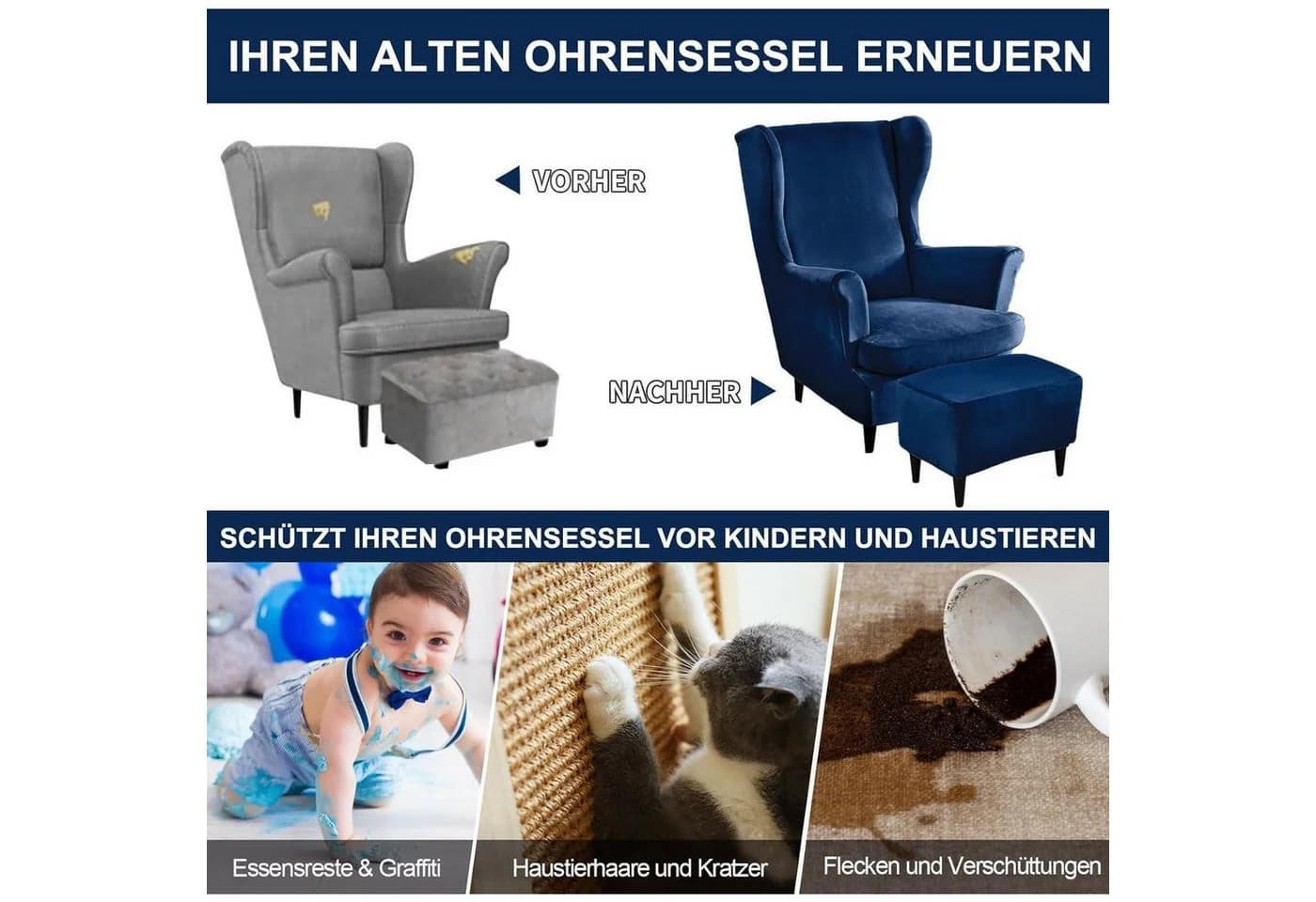 LuxusKollektion Hussen-Set Ohrensessel Marineblau 3-teilig Samt - Bild 5