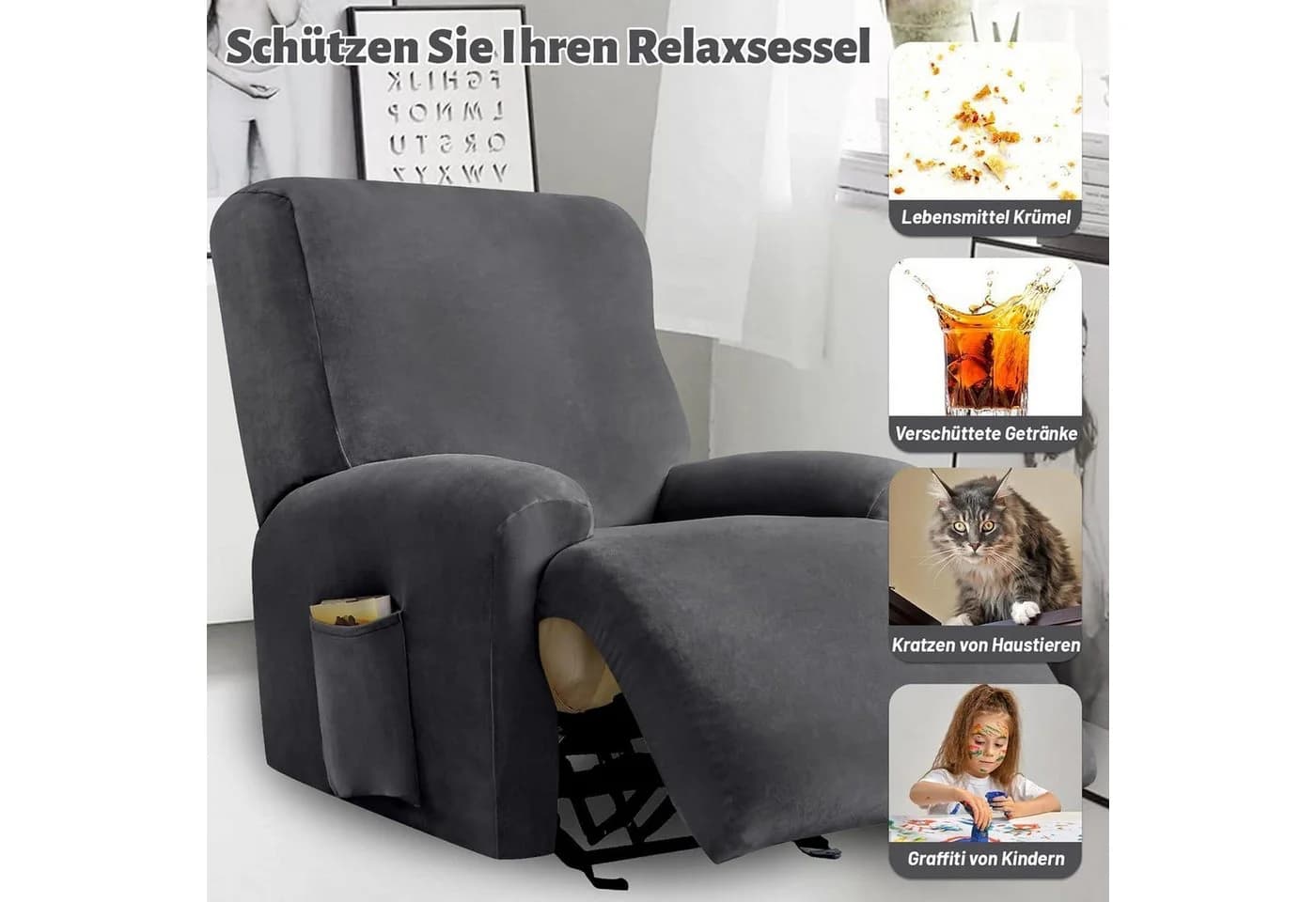 LuxusKollektion Relaxsesselhusse Grau Samt Stretchbezug 4-teilig - Bild 3