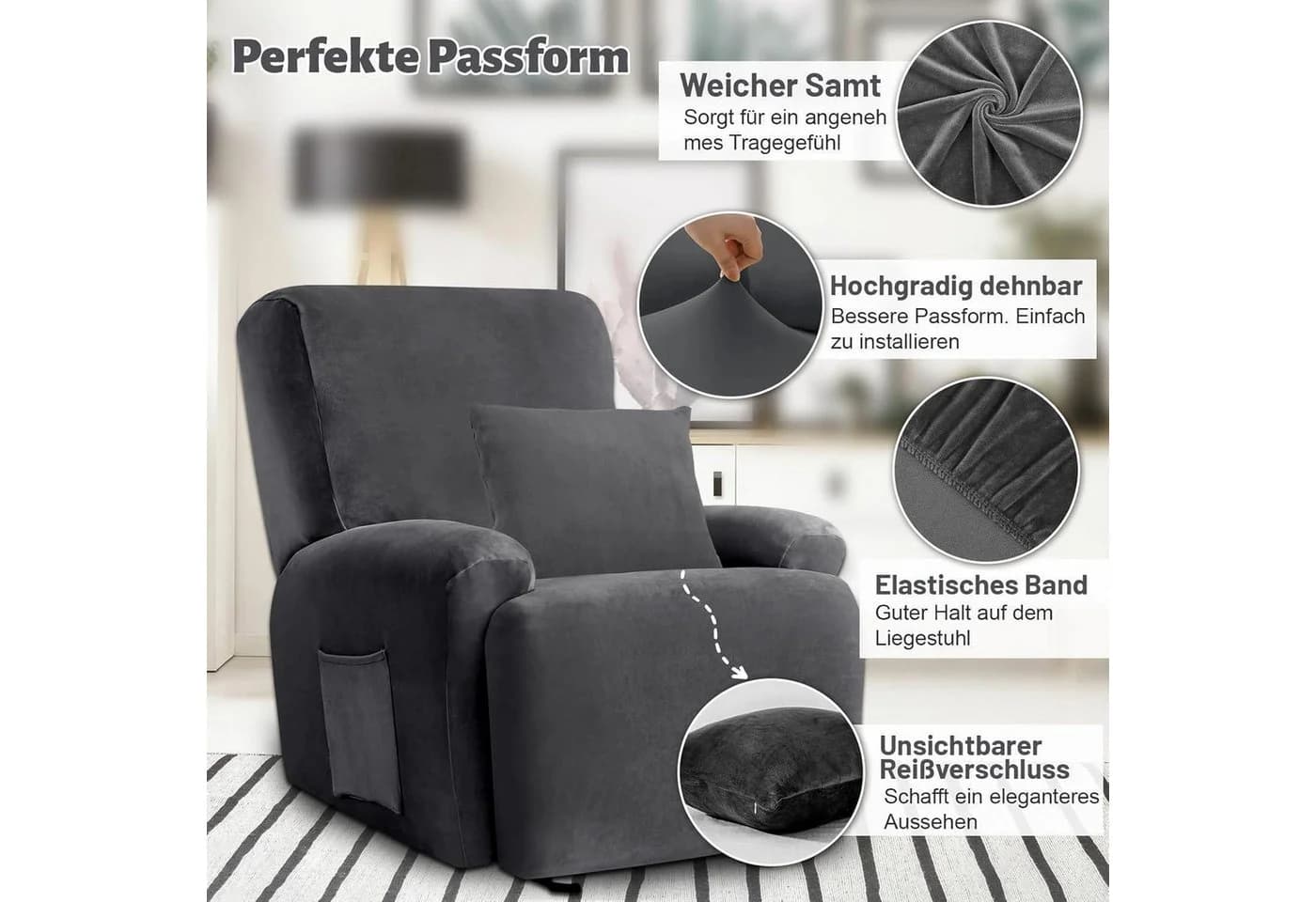 LuxusKollektion Relaxsesselhusse Grau Samt Stretchbezug 4-teilig - Bild 5