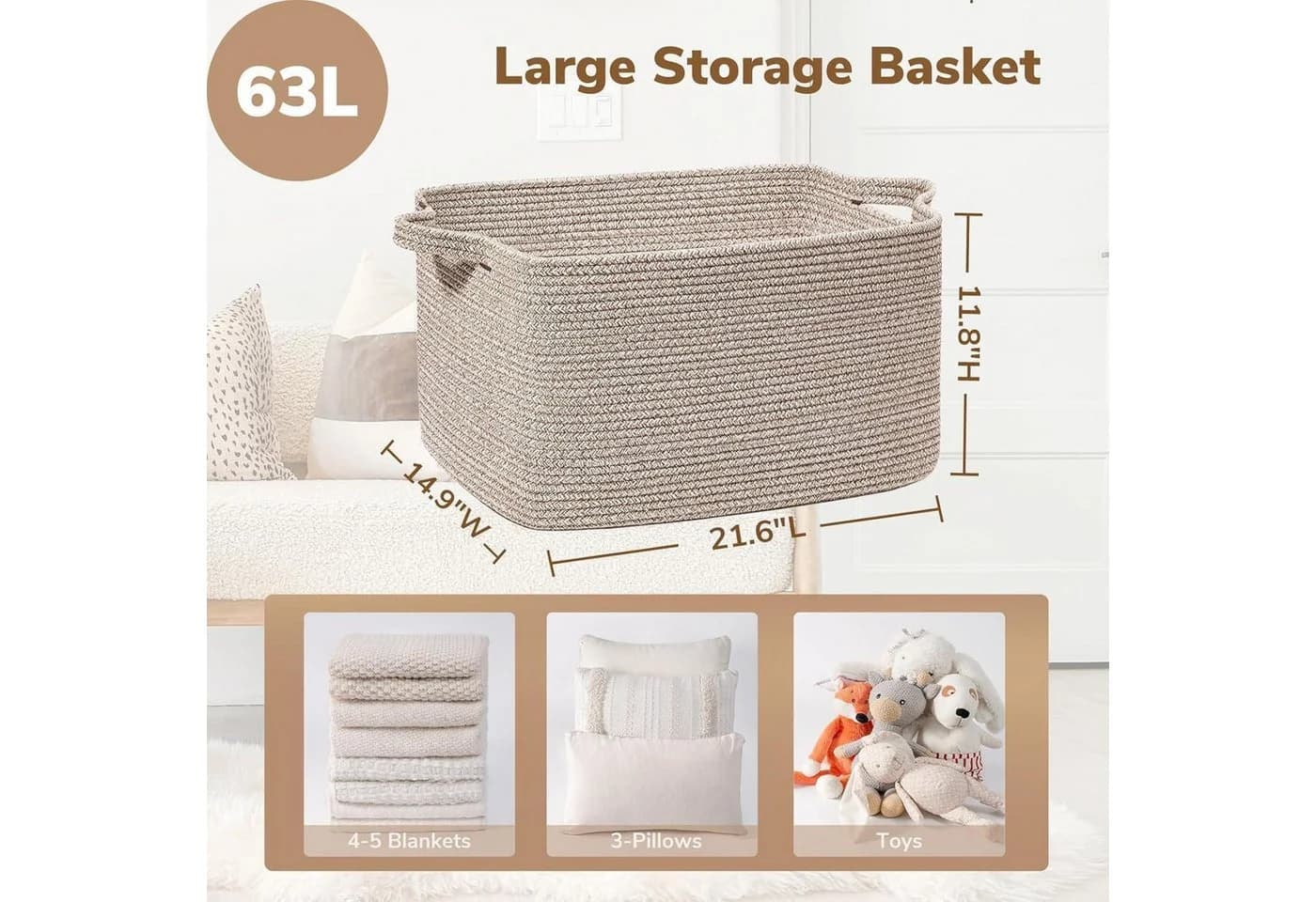 LuxusKollektion Aufbewahrungskorb Braun 65L Baumwollseil - Bild 3