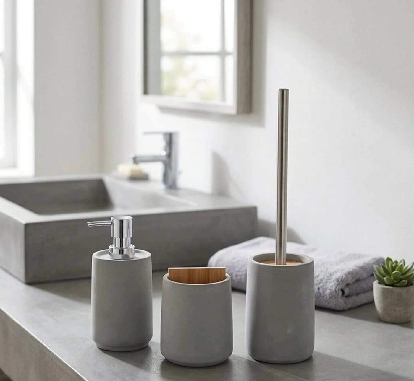 axentia Badaccessoire-Set Turin 3-teilig Grau Beton Bambus