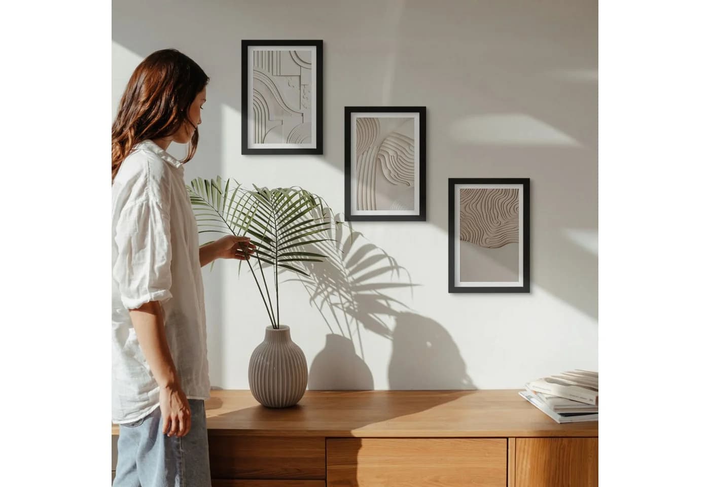 Tulup 3-teiliges Wandbild Abstrakt Beige/Weiß/Braun mit Rahmen - Bild 5