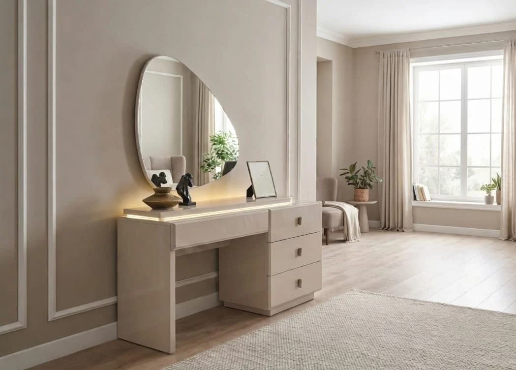 JVmoebel Schminktisch Moderner LED Frisiertsch Spiegel Beige