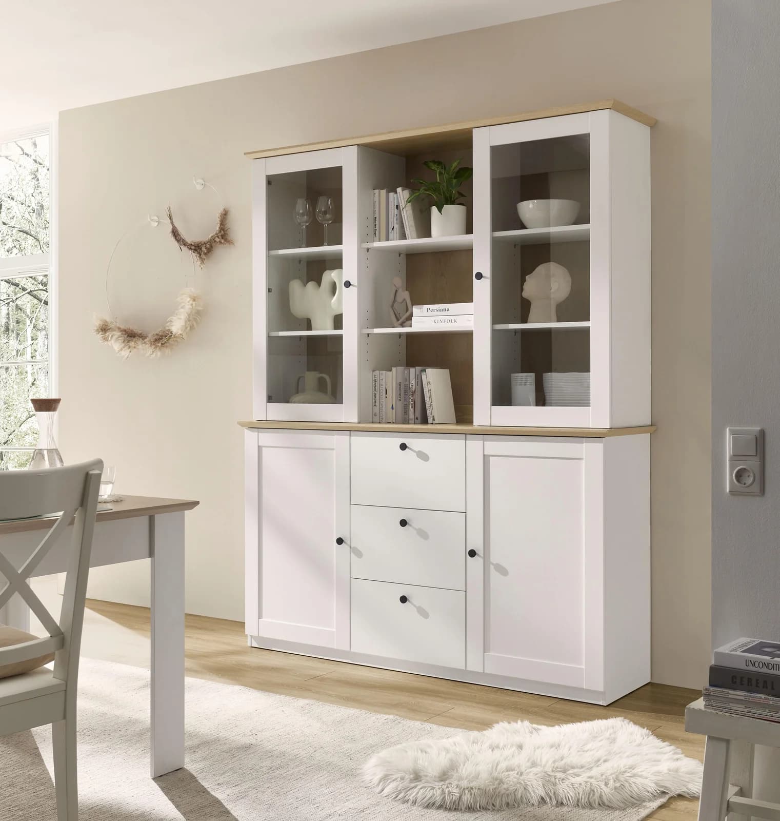 OTTO HOME Buffet Brest Hochschrank Landhausstil Weiß Matt Eiche Dekor