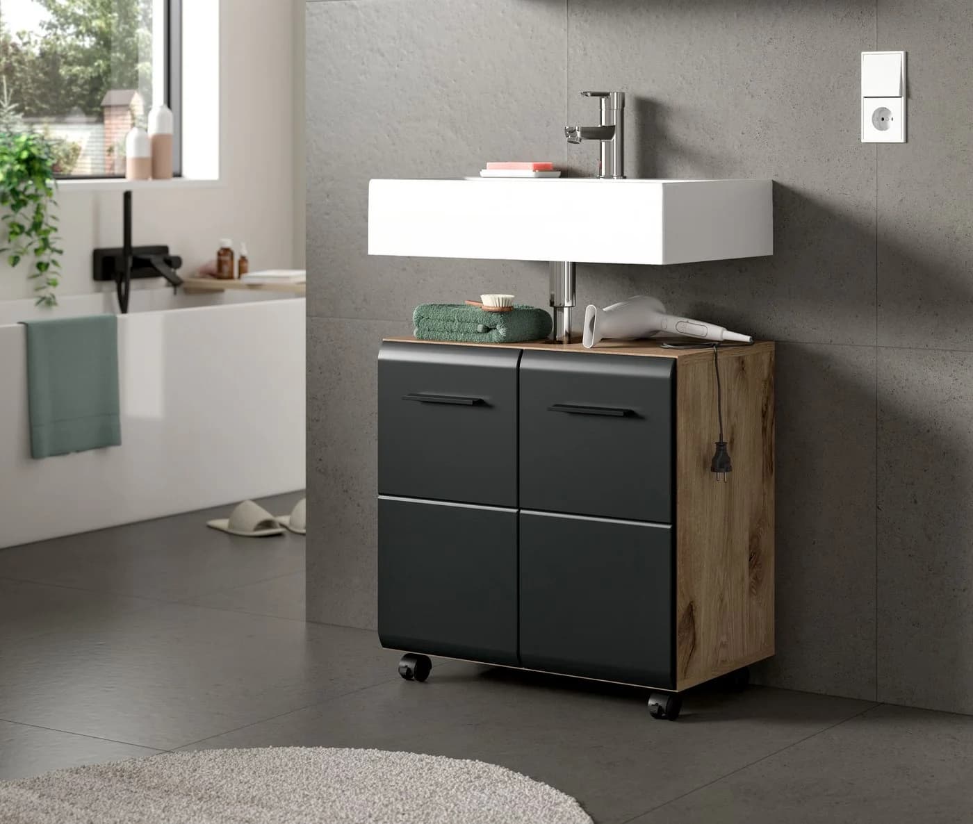 welltime Badschrank FLORENZ 60cm mit Siphonausschnitt MDF Front Schwarz