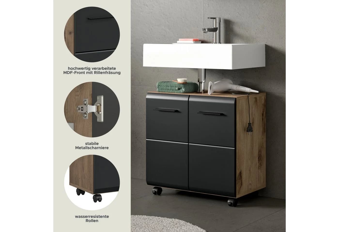 welltime Badschrank FLORENZ 60cm mit Siphonausschnitt MDF Front Schwarz - Bild 3