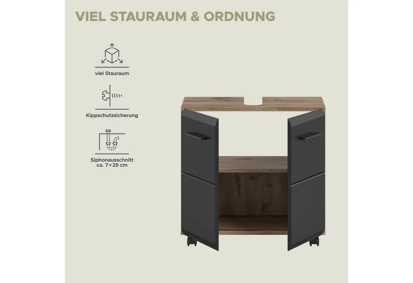 welltime Badschrank FLORENZ 60cm mit Siphonausschnitt MDF Front Schwarz - Bild 4