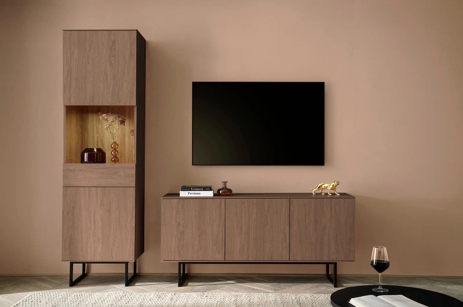 HOME AFFAIRE Lund Wohnzimmer-Set Nussbaum Vitrine Lowboard
